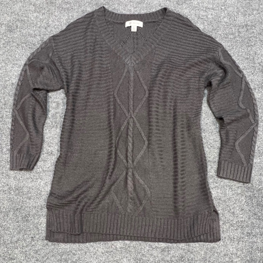 Fever Cable Knit Sweater Womens L Gray V-Neck Diamond Pattern Longline Pullover
